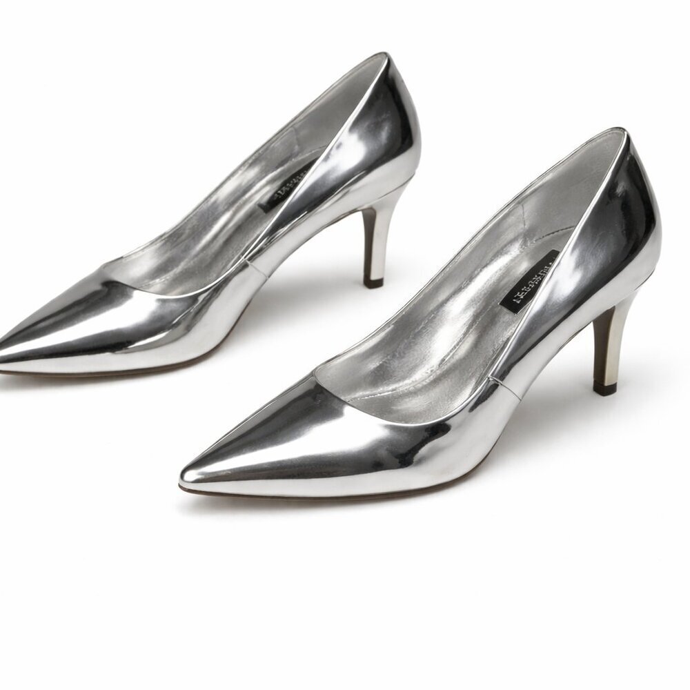 NINE WEST Quintrell Silver Pointed Toe Slip-On Dressy Pumps Heels Shoes Size 7.5